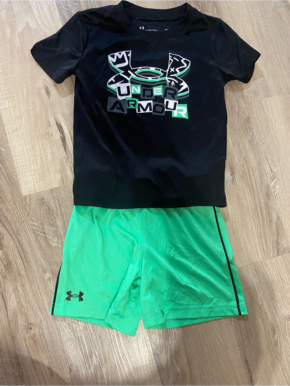 Under Armour Black Tee with Green Logo & Green Shorts Kids Matching Set